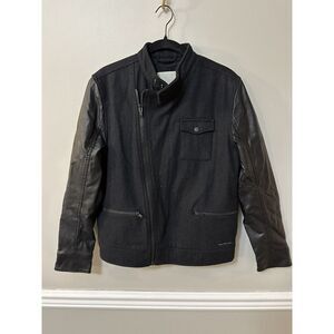 Calvin Klein Jeans Mens Mix Media Military Biker Jacket Size S‎ Black Wool Blend